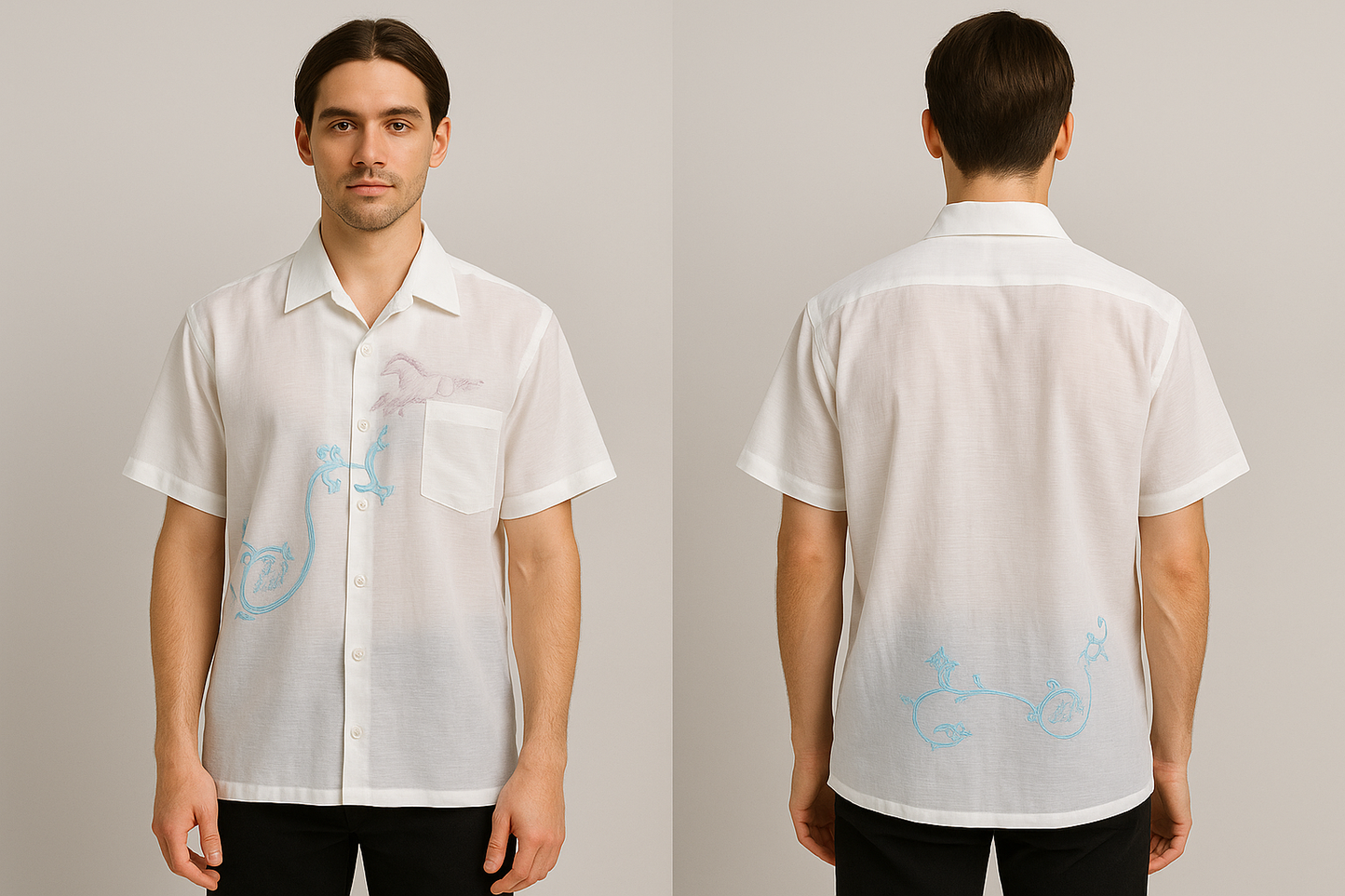 White short-sleeve shirt with blue graphics worn by a person, shown from front and back on a neutral background.