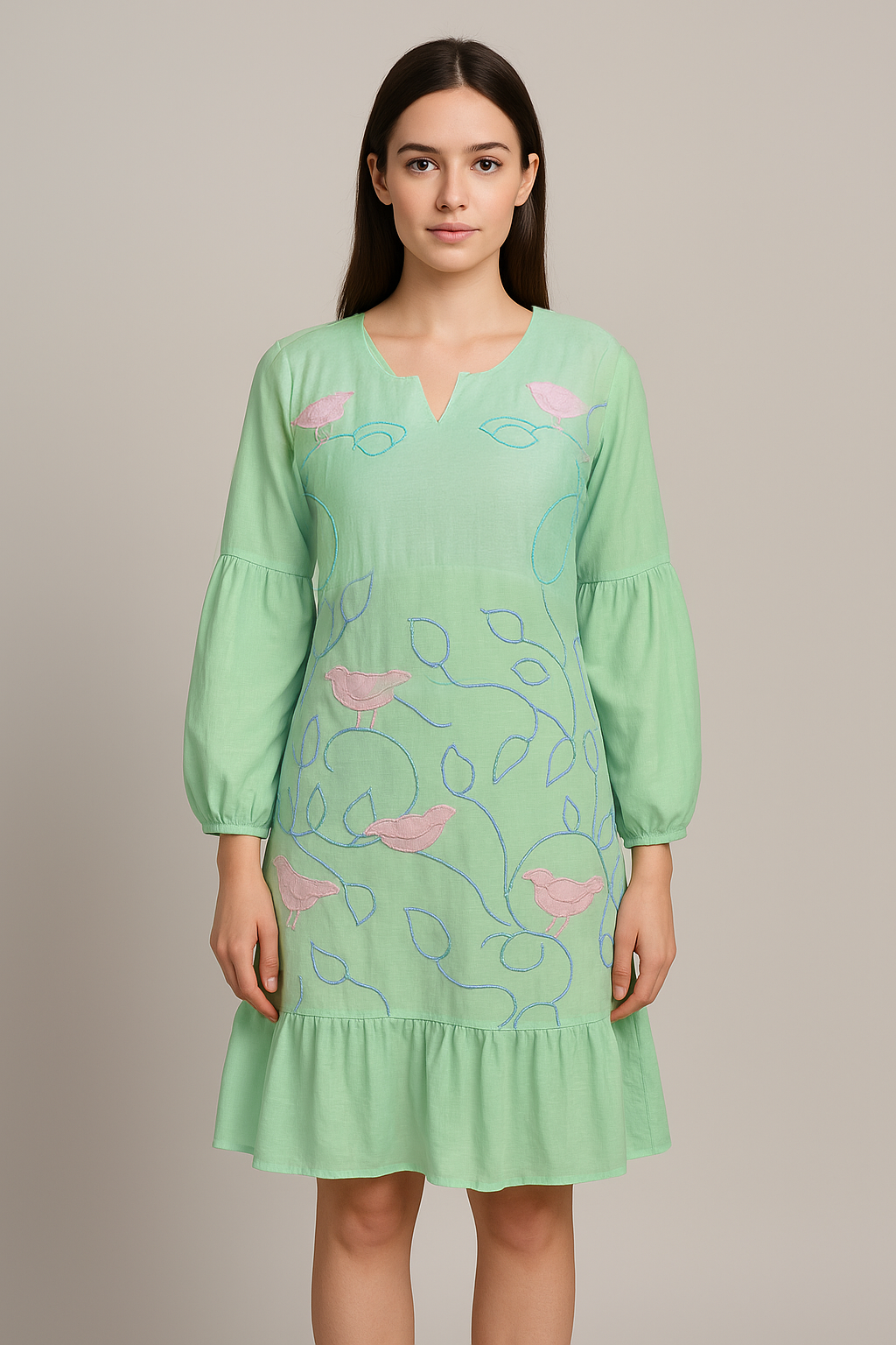 Woman wearing a light green dress with pink floral embroidery on a neutral background