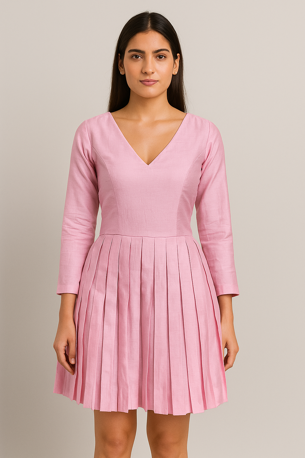 Woman wearing a pink pleated dress against a neutral background cute dress