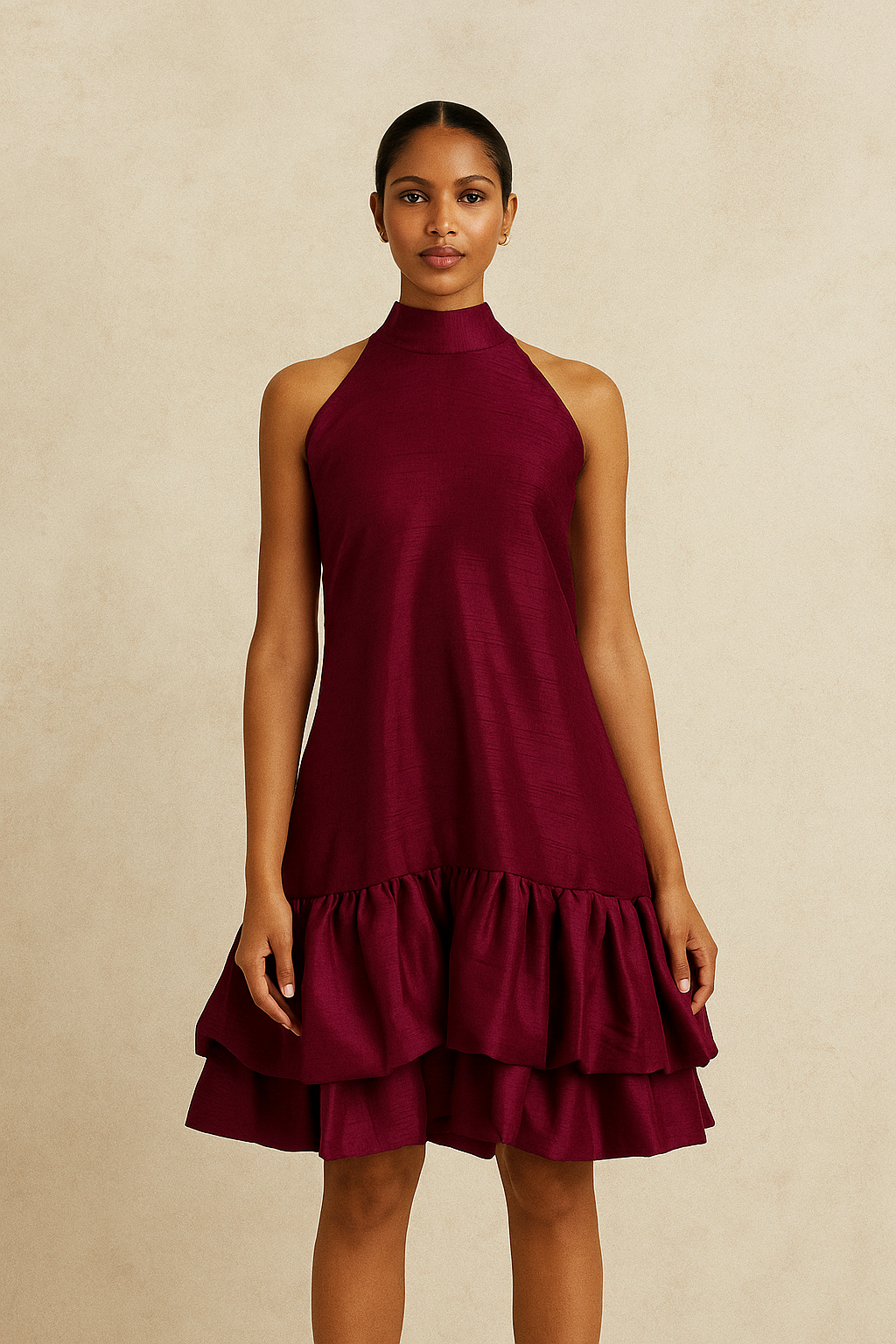 Woman wearing a burgundy dress with a plain background halter neck dress with double layer of ruffles