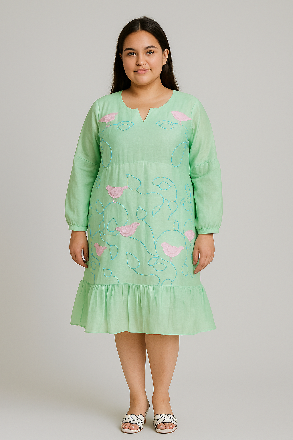 Woman wearing a light green dress with floral patterns on a plain background